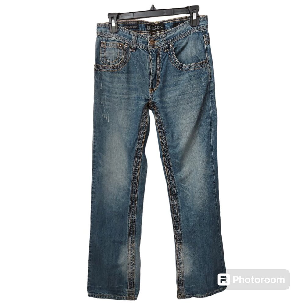 *Black Low Rise Boot Cut Denim Distressed Blue Medium Wash Jeans Men's 28 X 32